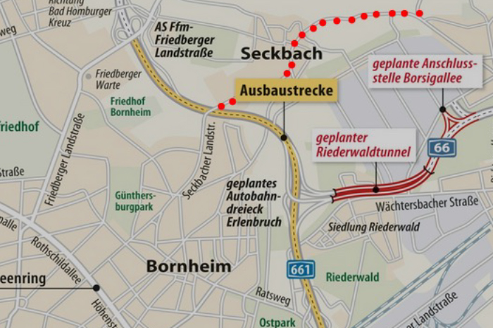 Der Riederwaldtunnel und die Wilhelmshöher Straße (gestrichelte Markierung)